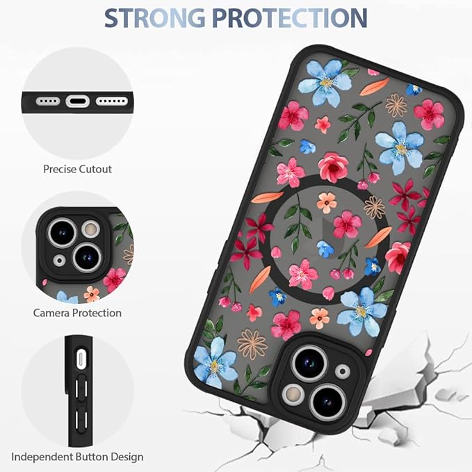 AIGOMARA Magnetic Case for iPhone 14 Plus [Compatible with MagSafe] Cute Pink Blue Flower Floral Pattern Soft TPU Bumper Hard PC Back Anti-Fall Shockproof Protective Slim Cover for Women Girls