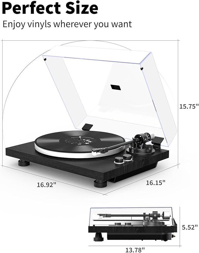 Turntable Vinyl Record Player Support Bluetooth Output Phono/Line Switch Pitch Control with Pre-Installed Counterweight & Magnetic Cartridge, Belt Drive 2 Speed