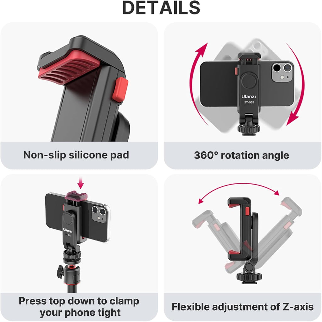 ULANZI ST-06S Phone Tripod Mount, Universal Smartphone Mount Adapter with 2 Cold Shoe, 360° Rotates Adjustable Cell Phone Clip Clamp Holder, Compatible with iPhone, Samsung Galaxy and All Phones
