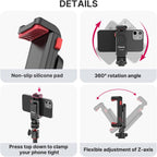 ULANZI ST-06S Phone Tripod Mount, Universal Smartphone Mount Adapter with 2 Cold Shoe, 360° Rotates Adjustable Cell Phone Clip Clamp Holder, Compatible with iPhone, Samsung Galaxy and All Phones