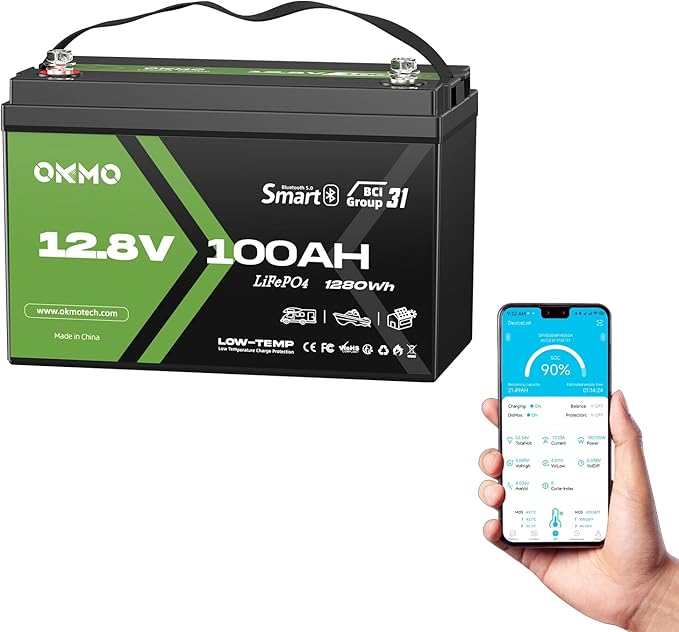 12V 100Ah LiFePO4 Lithium Battery with Bluetooth, Group 31, Built-in 100A BMS,15000+ Deep Cycles, Lightweight Rechargeable Battery for RV, Solar, Marine, Trolling Motor, Home, Off-Grid
