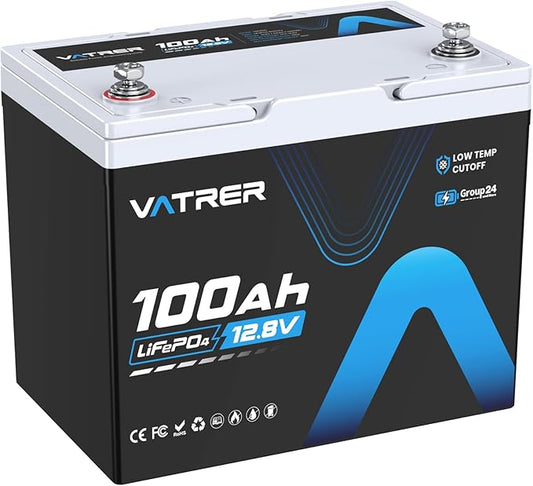 12V 100Ah Group 24 Lithium Deep Cycle Battery, 100A BMS Rechargeable LiFePO4 Battery, Low/High Temperature Cutoff Protection, 1.28kW Max Load Power for RVs, Boats, Off-Grid, Home Energy Storage