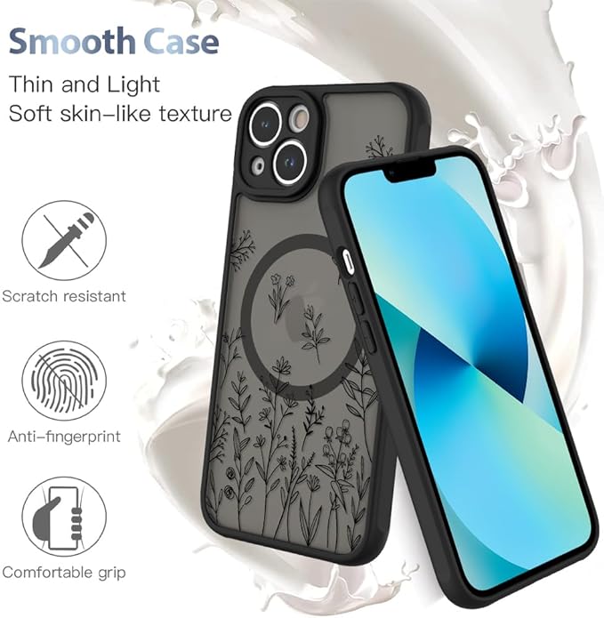 AIGOMARA Magnetic Case for iPhone 13 [Compatible with MagSafe] Cute Black Flower Floral for Women Girls Soft TPU Bumper Hard PC Back Anti-Fall Shockproof Protective Slim Cover