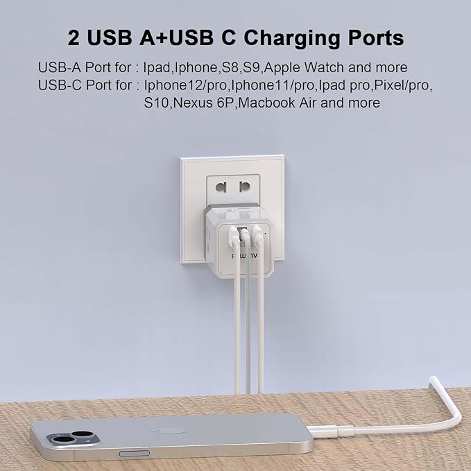 Cruise Ship Essentials, 3-Side Outlet Splitter with 3 USB Ports(1 USB C) USB Wall Charger, Outlet Extender for Home, Office and Cruise, ETL Listed, White