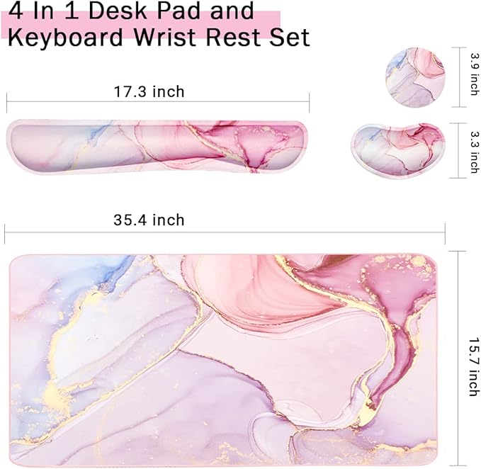 Keyboard Mouse Pad Set, Extended Mouse Pad+Keyboard Wrist Rest Support, Memory Foam Ergonomic Easy Typing, 3Pcs (35.4×15.7 in) Desk Pad Set for Home Office Study Game- Pink Marble