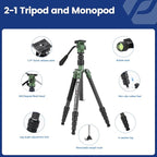 Fotopro 59" Carbon Fiber Travel Tripod, Compact Video Tripods with Fluid Head, Detachable Monopod with Quick Release Plate and Bag, Camera Tripod Load up to 8KG/17.63lbs, Green