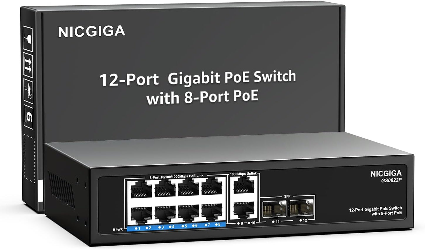 12 Port Gigabit PoE Switch Unmanaged with 8 Port IEEE802.3af/at PoE+@120W, 2 x 1000Mbps Uplink + 2 x 1G SFP, NICGIGA 8 Port Network Power Over Ethernet Switch, Desktop/Wall-Mount.