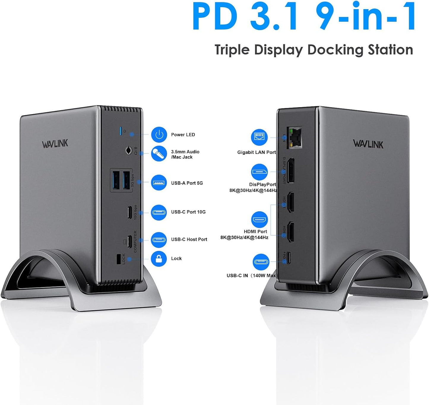 Laptop Docking Station,WAVLINK PD3.1 Docking Station 3 Monitors with 8K@30Hz/4K@144Hz,2*HDMI + DP,140W PD Charge,USB-C 10Gb,USB-A 5Gb,Gigabit Ethernet,Audio/Mic for HP, Dell,Windows System Computer