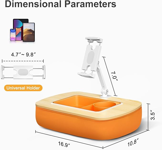 Lap Beanbag Tablet Pillow Stand with Snack Bowl and 360° Rotating Arm, Adjustable iPad Holder for Bed, Couch, and Recliner, Compatible with 4.7"-13" Kindle, iPad, Tablet, Phone,Orange