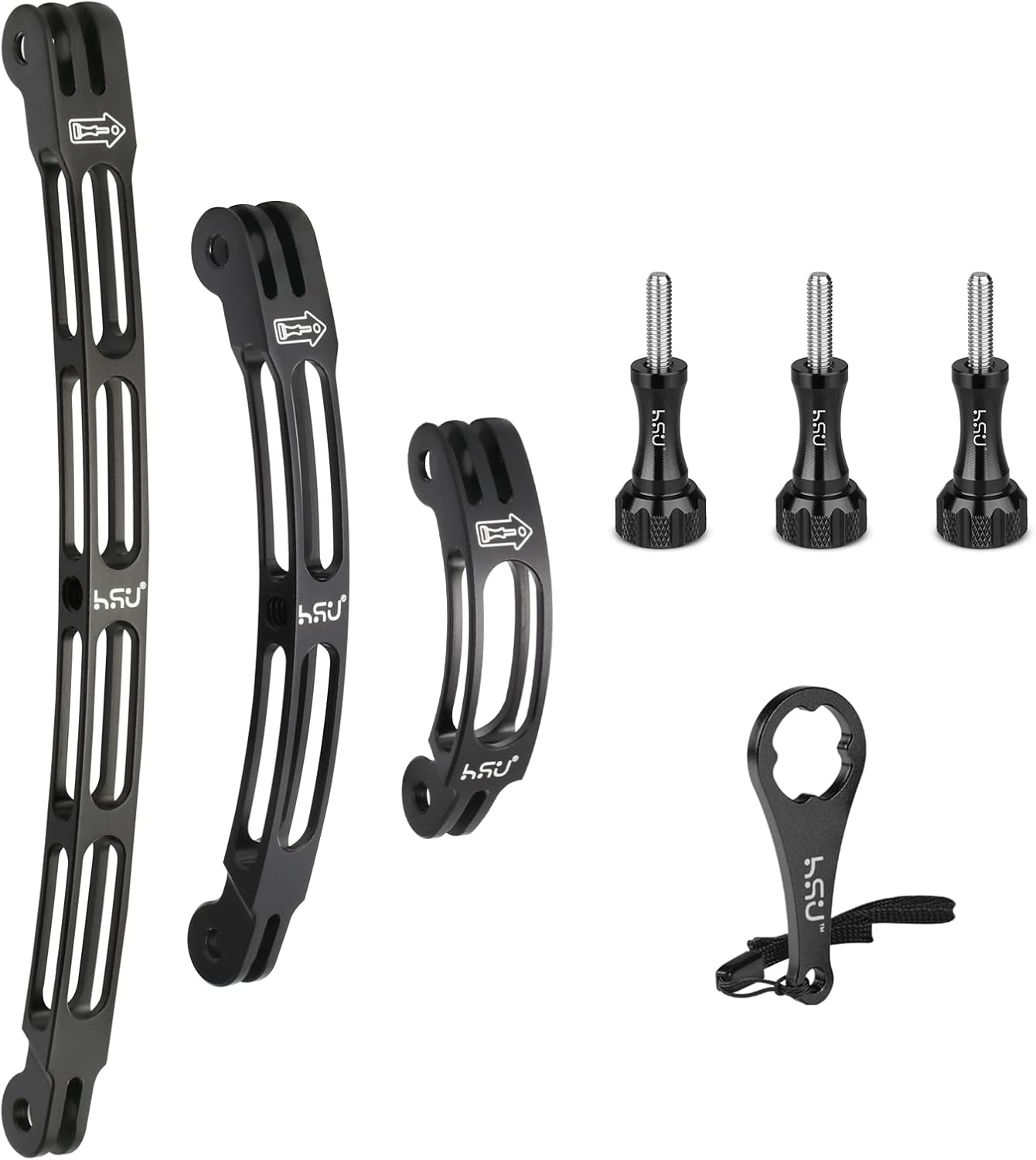 HSU Aluminum Alloy Curved Extension Arm Kit Metal Pole Mount Helmet Stick Extension Arm Mount for GoPro Hero 13/12/11/10/9/8/7/6 Black, DJI Osmo Action and More Action Cameras (7.9”/5.3”/3”) (Black)