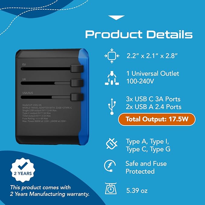 Ceptics Universal Travel Adapter, 5 in 1 Universal Laptop Charger with 2X USB-A & USB-C 3.5A for Mobiles, Laptops, Cameras US, UK, EU, AU, All in 1 Type A, C, G, I Output,