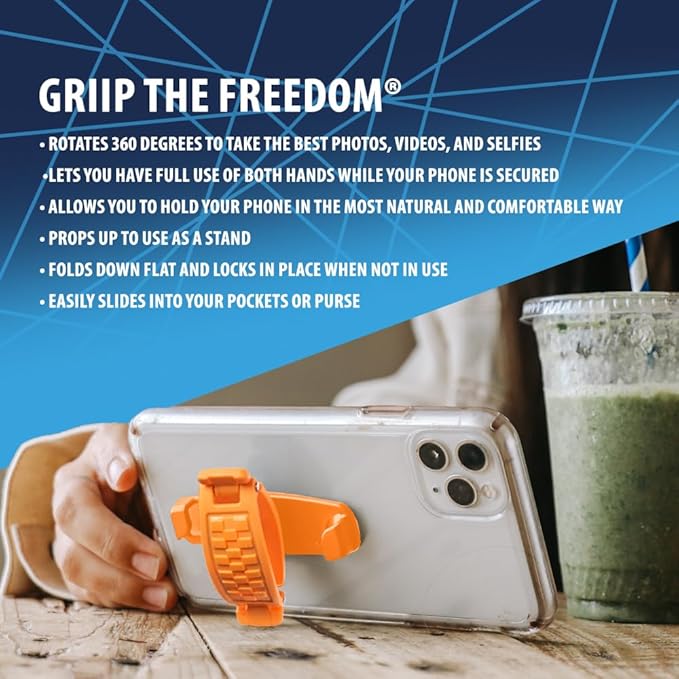 360 Rotating Phone Grip - Phone Holder for Hand - Phone Grips for Back of Phone & Pop Cell Phone Accessories for iPhone, Smartphones & Kindle Tablets (Orange)