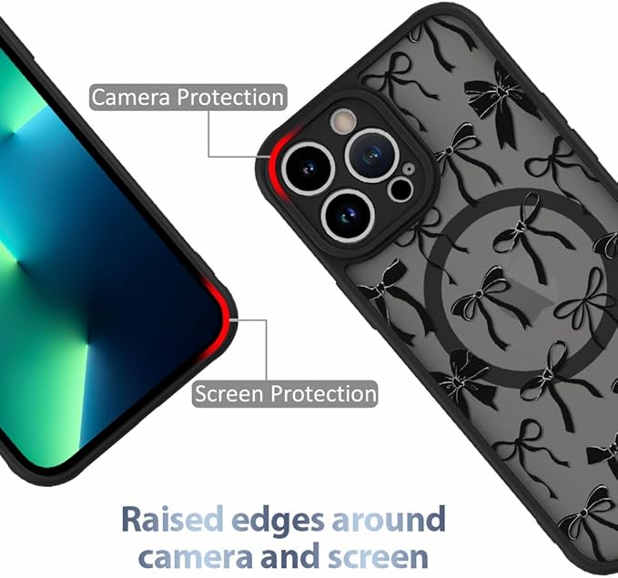 AIGOMARA Case for iPhone 13 Pro Max [Compatible with MagSafe] Black Ribbon Bow Pattern Design Soft TPU Bumper Hard PC Back Anti-Fall Shockproof Protective Slim Magnetic Cover for Women Girls