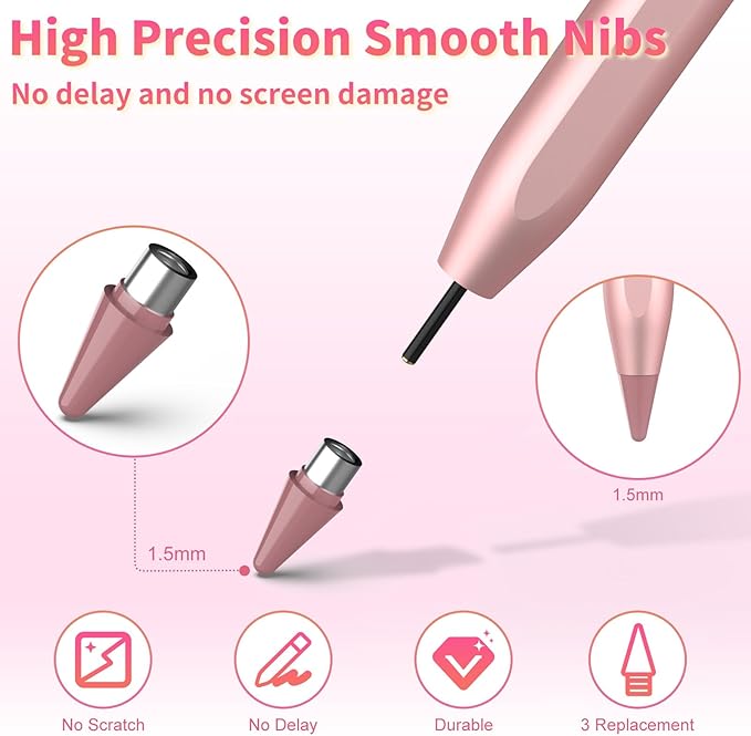 Stylus Pen for iOS&Android Touch Screens, Active Pencil for Samsung, Smart Digital Stylus Pens for Lenovo/Huawei/Vivo/Mi Tablets, iPhone/Google Pixel Smart Phones Drawing&Writing (Rose Gold)