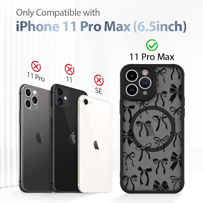 AIGOMARA Case for iPhone 11 Pro Max [Compatible with MagSafe] Black Ribbon Bow Pattern Design Soft TPU Bumper Hard PC Back Anti-Fall Shockproof Protective Slim Magnetic Cover for Women Girls