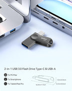 64GB USB C Flash Drive, Dual Drive USB 3.0 and Type C Thumb Drive Up to 110MB/s Read Metal Waterproof Swivel Design Portable for PC Laptop Tablet Android Smartphone iPhone 15 and More, Gray