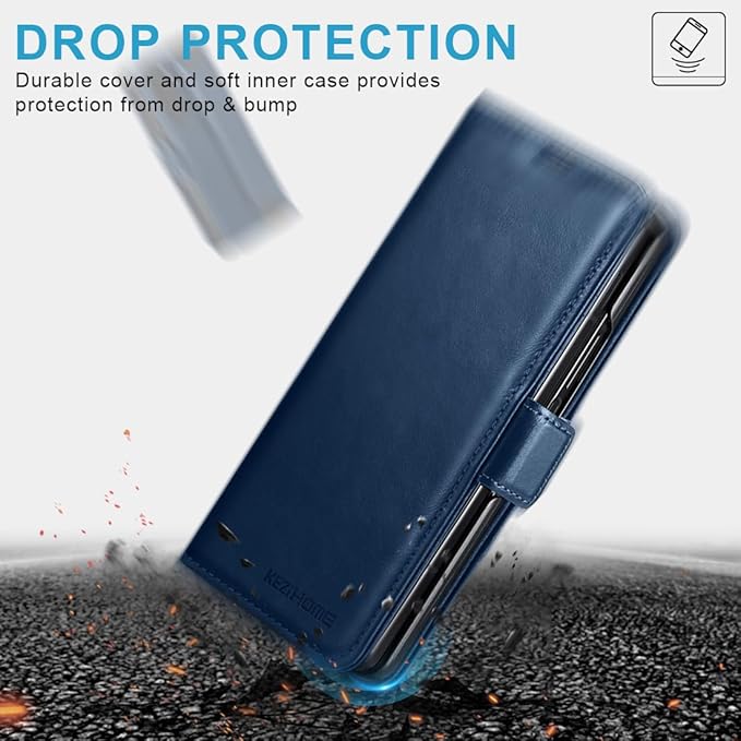 KEZiHOME for Samsung Galaxy Z Fold 6 Case, Genuine Leather Galaxy Z Fold6 Wallet Case [RFID Blocking] with Card Holder Stand Folio Protective Phone Cover Compatible with Samsung Z Fold 6 5G (Blue)
