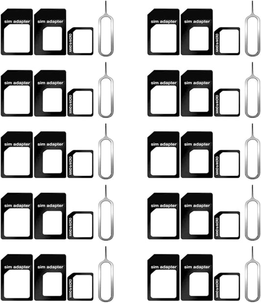 10 Pack SIM Card Adapter Kit, 4 in 1 Nano Micro Standard Converter Kit with Steel SIM Tray Eject Pin 1, Black