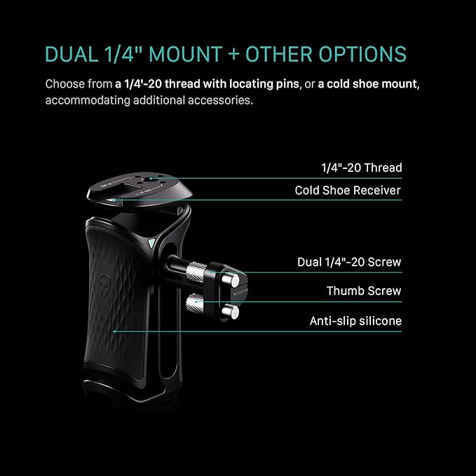 Tilta Xeno Side Handle for Filmmakers & Cameras - Black | Secure Connection & Helps Prevent Rotation | Adjustable Height | Textured Silicone Grip | Convenient Assembly (Dual 1/4″-20)