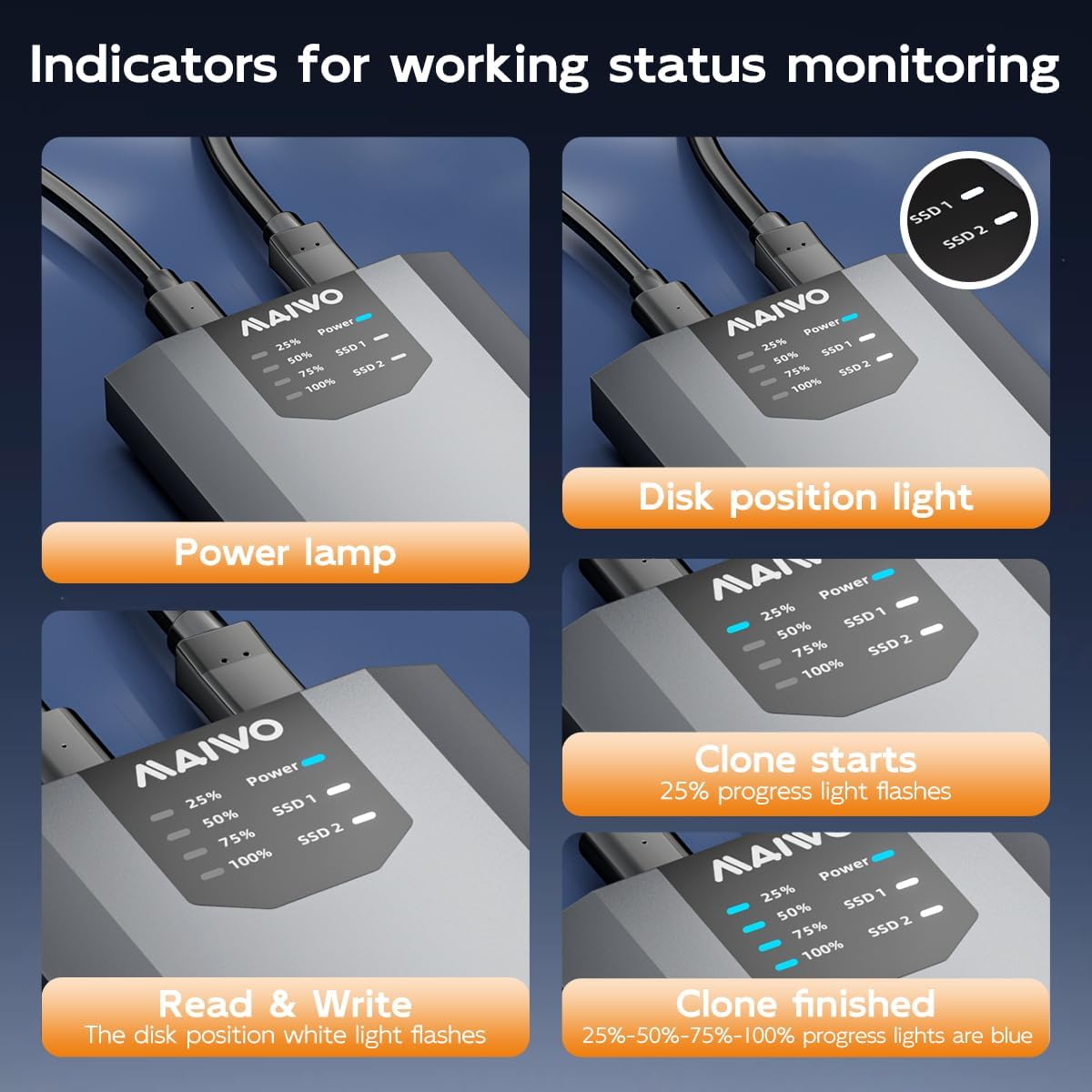 MAIWO Dual Bay M.2 SATA SSD Enclosure Cloner, USB3.1 Gen2 Type C 6Gbps B-Key/B+M Key Solid State Drive Reader for SSD Size 2230/2242/2260/2280
