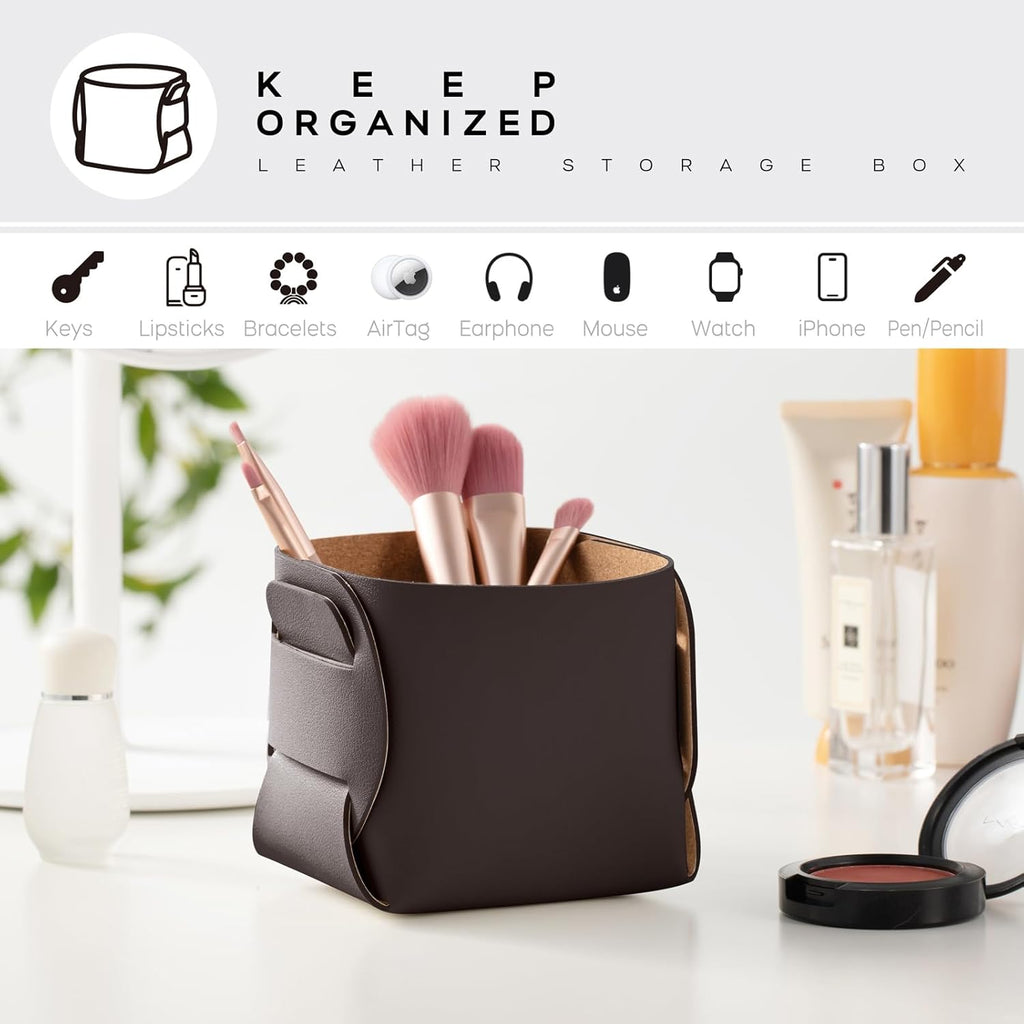 HOMIEAZICOZI 2-Pack Cork Leather Desk Accessories Storage - Pencil Pen Holder - Makeup Brush Holder Organizer - Stylish Addition to Home Decor (Coffee)