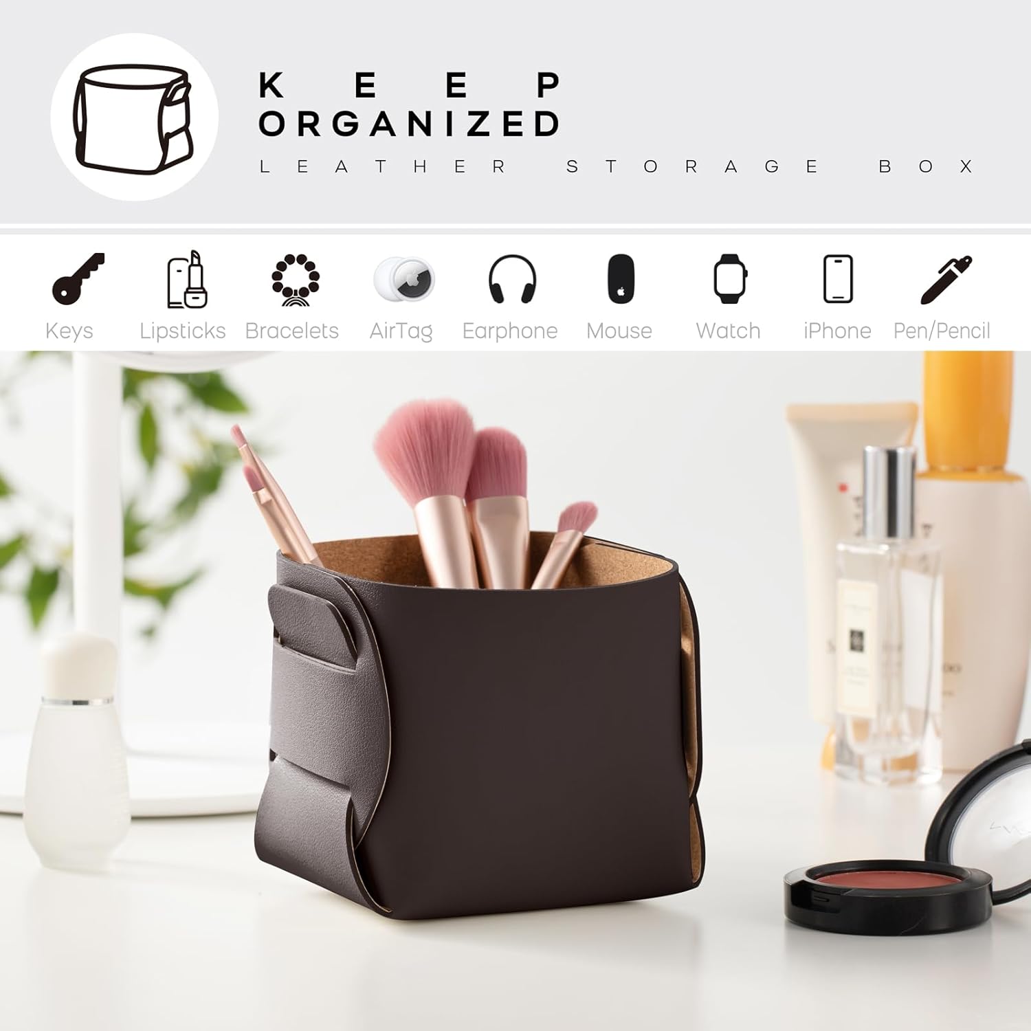 HOMIEAZICOZI 2-Pack Cork Leather Desk Accessories Storage - Pencil Pen Holder - Makeup Brush Holder Organizer - Stylish Addition to Home Decor (Coffee)