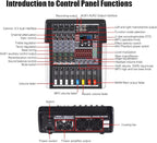 TF400 Dj Mixer 4 Channel Audio Mixer Bluetooth Sound Bar with Power Amplifier 2 * 350W Power Output Powered Mixer USB Audio Interface Sound Mixer with 99 DSP FX Reverb Effects for Streaming Media