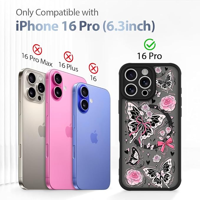 AIGOMARA Case for iPhone 16 Pro [Compatible with MagSafe] Cute Butterfly Pink Flower Floral Pattern Soft TPU Bumper Hard PC Back Anti-Fall Shockproof Protective Slim Magnetic Cover for Women Girls