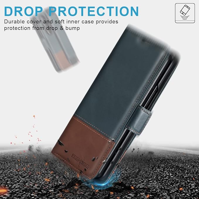 KEZiHOME for Samsung Galaxy Z Fold 4 Case, Genuine Leather Wallet Case [RFID Blocking] with Card Holder Flip Kickstand Magnetic Cover Compatible with Samsung Z Fold 4 5G (Navy Blue/Brown)