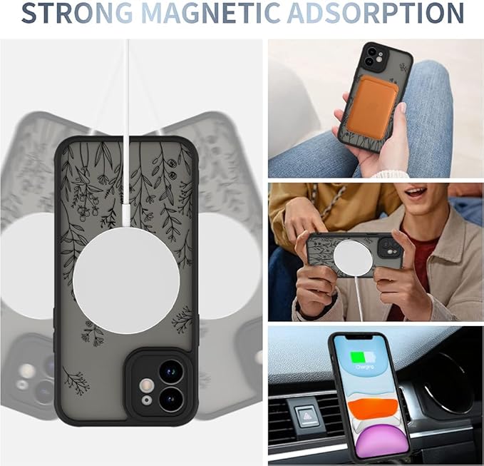 AIGOMARA Magnetic Case for iPhone 11 Pro Max [Compatible with MagSafe] Cute Black Flower Floral for Women Girls Soft TPU Bumper Hard PC Back Anti-Fall Shockproof Protective Slim Cover