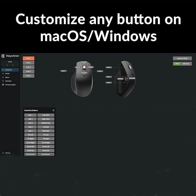 Keychron M6 8000 Hz Wireless Bluetooth 2.4 GHz/Wired Connection Mouse, Lightweight Body Programmable PixArt 3950 Sensor for Windows Mac Linux - Black