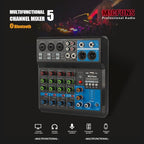 Mini audio DJ mixer Sound Board Console System,5 Channel 48V Phantom Power with Bluetooth USB MP3 Stereo live DJ Studio Streaming for professional recording party KTV stage