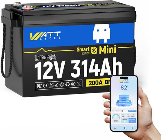 12V 314Ah Lithium LiFePO4 Battery Mini with Bluetooth 5.0 BMS 200A, 4.01kWh Energy, Upgraded Aluminum Cooling Fins & Braided Copper Wires, upporting devices over 2000W (1 PCAK)