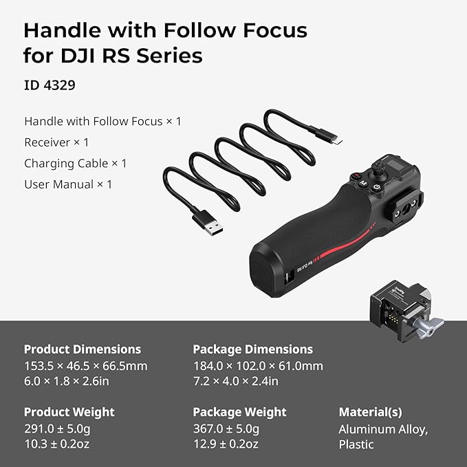 SMALLRIG Handle with Follow Focus for DJI RS 2 / RS 3 Pro/RS 4 / RS 4 Pro Gimbal Stabilizer, Handle with 1/4"-20 locating Holes and a Cold Shoe Mount, Max Load 4.4lb