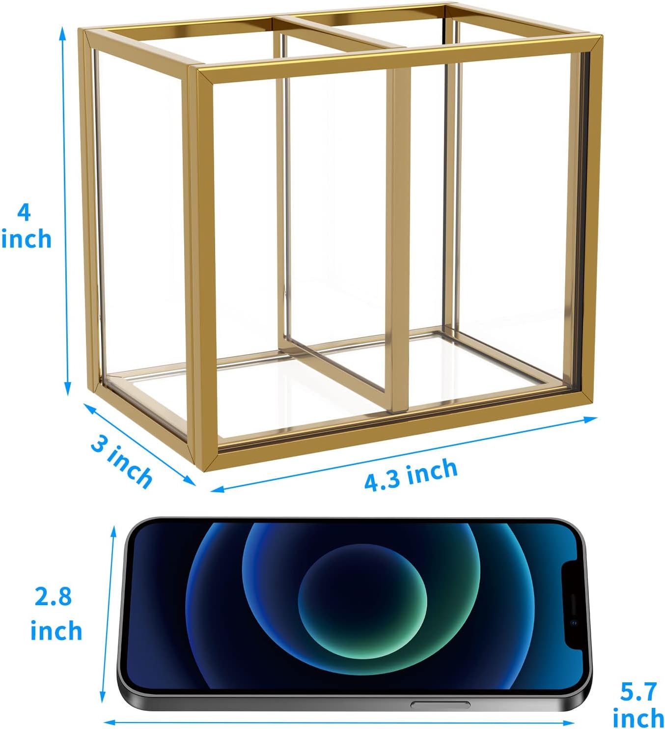 NIUBEE Gold Acrylic Pen Holder for Desk, Clear Pencil Cup Organizer Makeup Brush Holder, Acrylic Desk Organizers and Accessories for Desktop Office - 2 Compartments