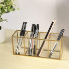 NIUBEE Acrylic Pen Holder 4 Compartments, Gold Copper Border Pencil Organizer Cup for Countertop Desk Accessory Storage