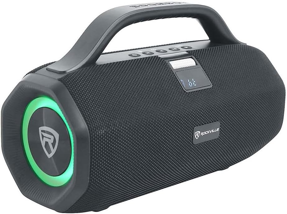 Rockville SONIC-50L Portable Bluetooth Speaker, 50W Stereo Sound, Dual LED Rings, IPX5 Water-Resistant, Upto 24-Hour Battery, TWS, USB/TF Card/AUX/Mic Inputs, for Outdoor and Indoor Events