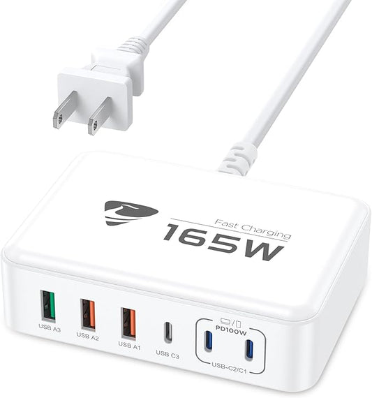 165W USB C Charging Station 6-Port GaN USB C Charger, PD 100W Laptop Hub Wall Charger Multiport USB c for MacBook Pro/Air,iPhone 15 16 Pro Max,iPad, Galaxy S24