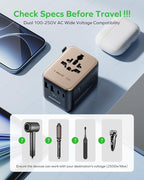 MOMAX Mini Universal Travel Adapter, GaN 70W International Power Adapter, 2 AC, 3 USB-C PD Fast Charging & 2 USB-A QC, Travel Essentials for All European Travel Plug Adapter UK AUS JP