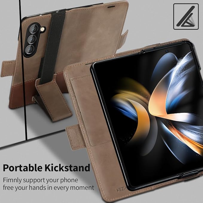 KEZiHOME for Samsung Galaxy Z Fold 6 Case, Genuine Leather Wallet Case [RFID Blocking] with Card Slots Stand Flip Protective Phone Cover Compatible with Galaxy Z Fold6 5G (Gray/Brown)
