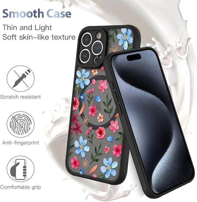 AIGOMARA Magnetic Case for iPhone 15 Pro Max [Compatible with MagSafe] Cute Pink Blue Flower Floral Pattern Soft TPU Bumper Hard PC Back Anti-Fall Shockproof Protective Slim Cover for Women Girls
