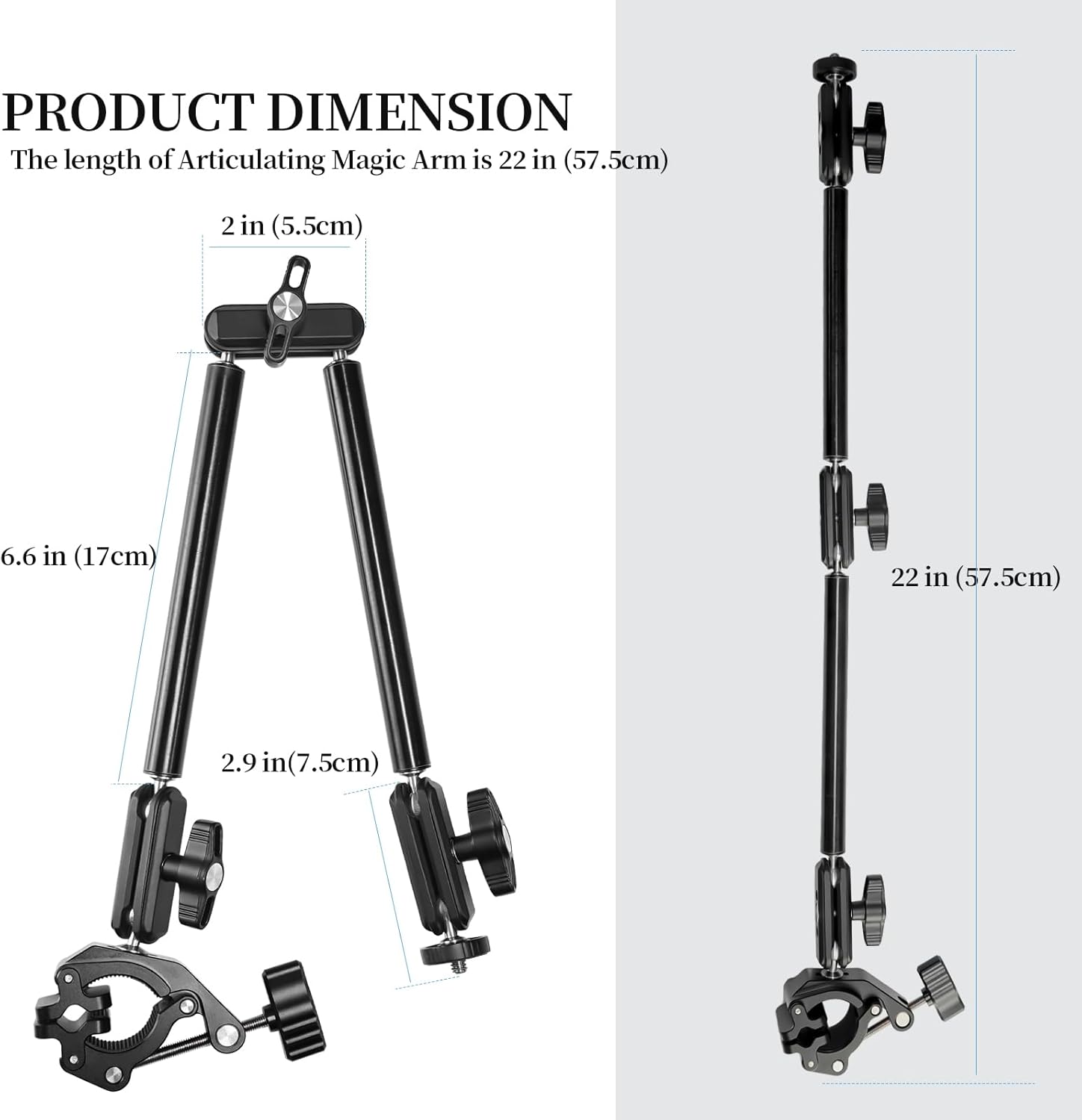 FIFIELD 22" Magic Arm with Super Clamp Overhead Camera Mount for Camera, 1/4” Threads Adjustable Desktop Stand Holder Compatible with Phone Microphone Webcam Action Camera Video Light
