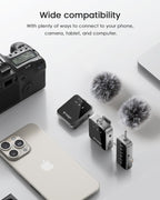 PQRQP 3 in 1 Microphone for iPhone/Android/Camera, Mini Microphone, 328ft Transmission, 18H Battery Life, Wireless Microphones Crystal-Clear Audio for Podcasting, Vlog, Streaming (Graphite Gray)