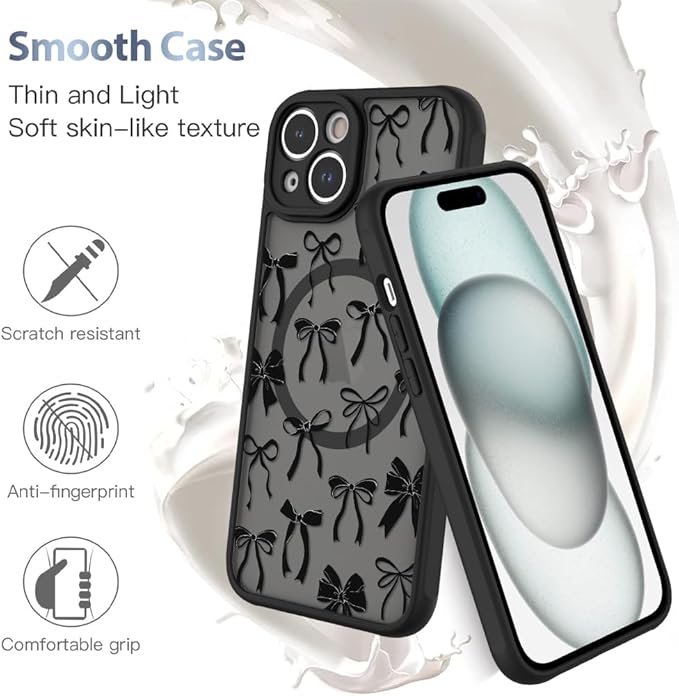 AIGOMARA Case for iPhone 15 Plus [Compatible with MagSafe] Black Ribbon Bow Pattern Design Soft TPU Bumper Hard PC Back Anti-Fall Shockproof Protective Slim Magnetic Cover for Women Girls
