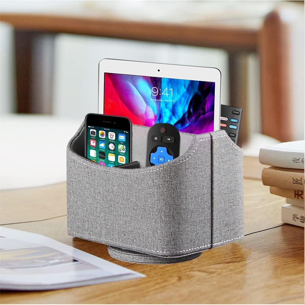 Fanousy 360° Rotating Remote Control Holder, PU Leather TV Remote Caddy Organizer Basket Storage Box with 5 Compartments for Pen, Pencil, Art Supplies, Makeup Brush, Office Desk Table Accessories