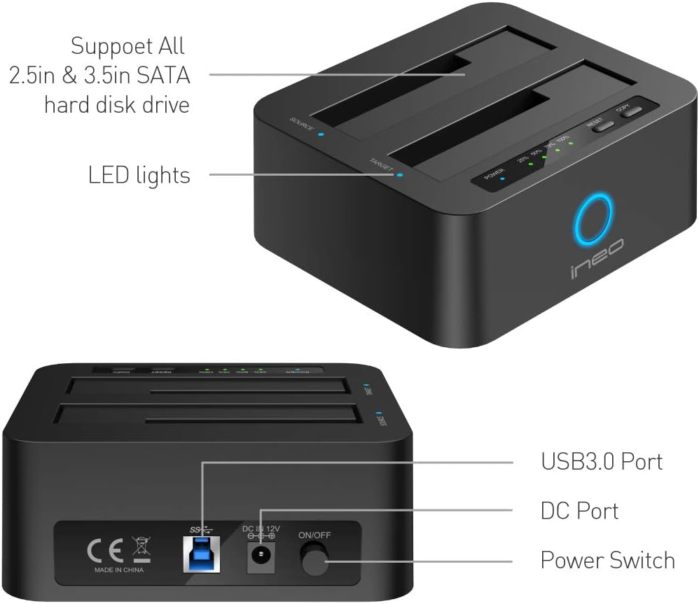 ineo USB 3.1 Gen1 to SATA 2.5" or 3.5 inch SSD/HDD Docking Station (Clone Docking)