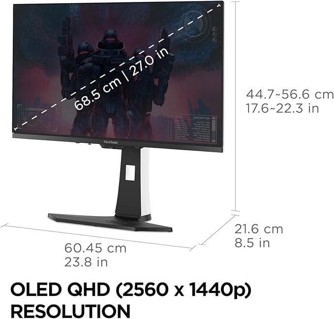 ViewSonic XG272-2K-OLED 27 Inch 1440p 240Hz OLED Ergonomic White Gaming Monitor with up to 0.01ms, FreeSync Premium, G-Sync Compatibility, RGB, and USB-C, HDMI v2.1, DP Inputs