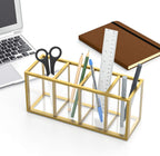 NIUBEE Acrylic Pen Holder 4 Compartments, Gold Copper Border Pencil Organizer Cup for Countertop Desk Accessory Storage