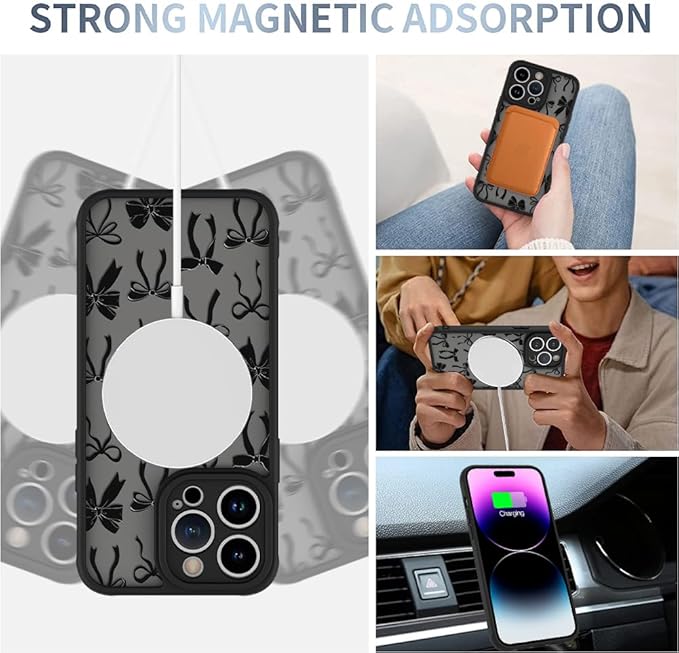 AIGOMARA Case for iPhone 14 Pro [Compatible with MagSafe] Black Ribbon Bow Pattern Design Soft TPU Bumper Hard PC Back Anti-Fall Shockproof Protective Slim Magnetic Cover for Women Girls