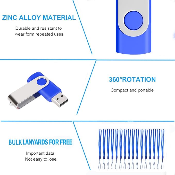 100Pack of 16GB Bulk Flash Drives EASTBULL Flash Drives Pack USB 2.0 Thumb Drives Bulk Swivel USB Drives Bulk with Strings (16GB-Blue)
